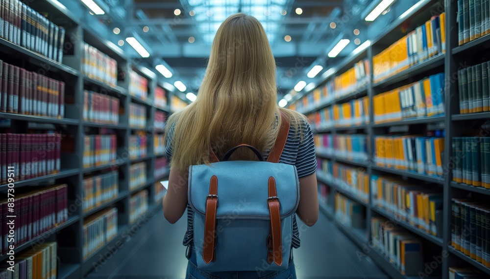 Woman with backpack in library aisles Woman with backpack in library aisles