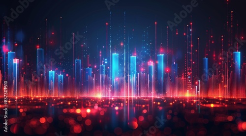 Abstract Digital Cityscape With Red And Blue Lights At Night
