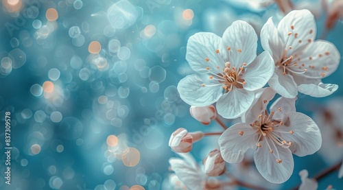 White Blossoms on a Branch Against a Blue Sky With Bokeh © olegganko