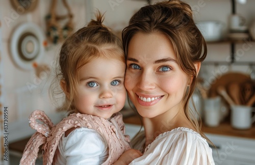 Young Mother Holding Toddler Daughter in Kitchen