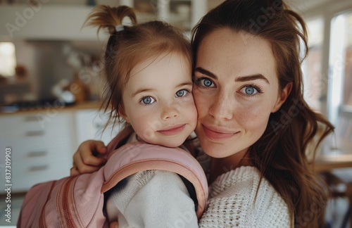 Young Mother Holding Toddler Daughter in Kitchen