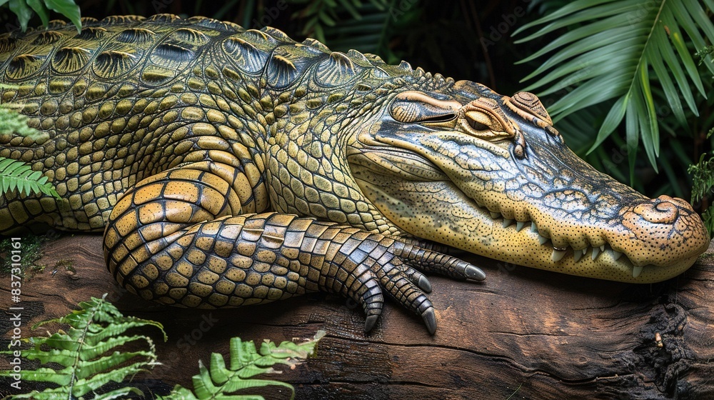 Fototapeta premium A statue of a crocodile resting atop a tree branch alongside a lush green foliage in a filled forest