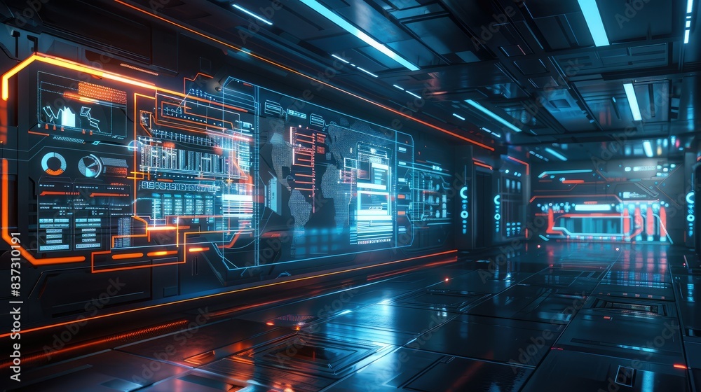 Holographic interface displaying futuristic data Holographic interface displaying futuristic data