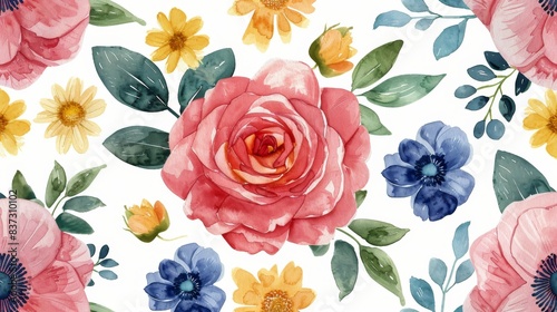 Watercolor Floral Pattern With Pink, Purple, and Orange Flowers