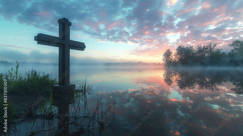 A Christian cross on the edge of a serene pond, with the early morning mist rising and the sky slowly lighting up with pastel colors, reflecting tranquility and renewal. A Christian cross on the edge of a serene pond, with the early morning mist rising and the sky slowly lighting up with pastel colors, reflecting tranquility and renewal.