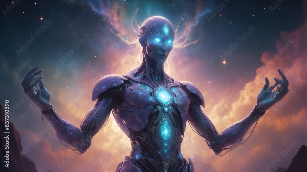 Fototapeta premium A shimmering silicon sentinel, its form constantly shifting and evolving, emanating an otherworldly allure.