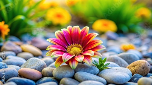 A vibrant flower contrasts with the smooth stones in a tranquil garden setting photo