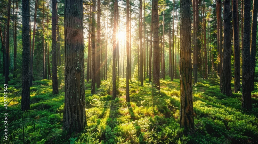 Fototapeta premium Lush green forest with sunlight filtering through tall trees