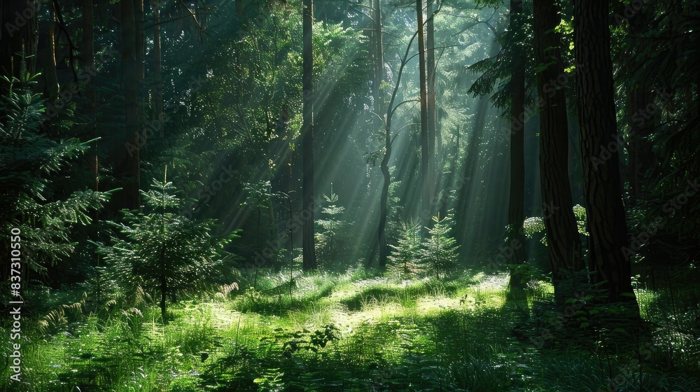 Fototapeta premium Lush green forest with sunlight filtering through tall trees