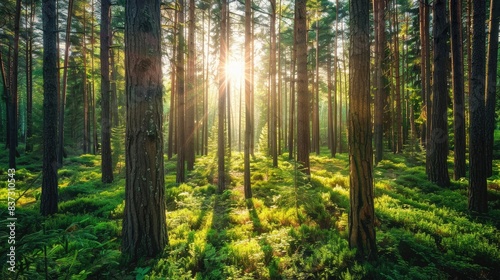 Lush green forest with sunlight filtering through tall trees