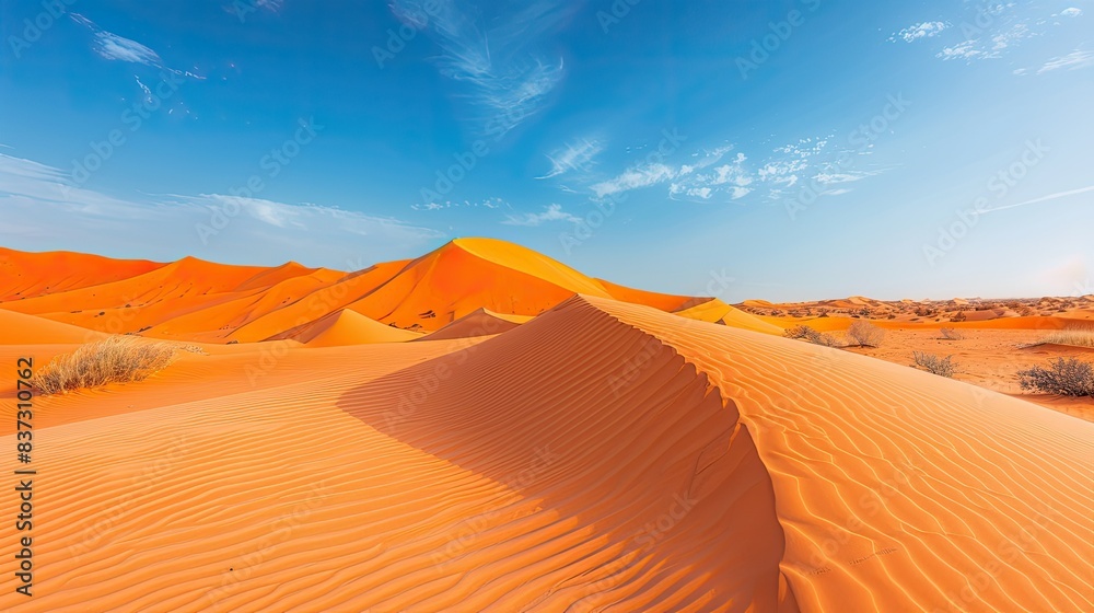 Fototapeta premium Majestic desert landscape with sweeping sand dunes and a clear blue sky