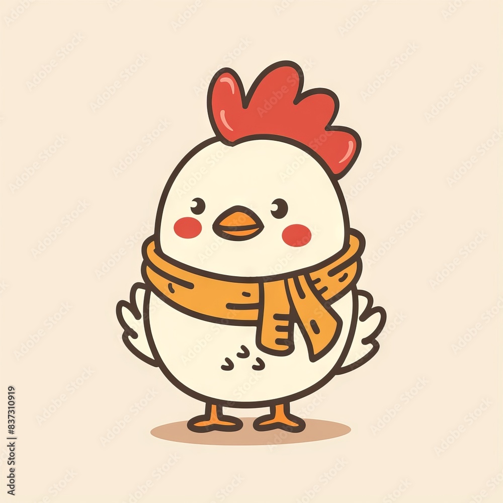 Cute cartoon chicken with a red comb and yellow scarf on a beige background. Perfect for children's illustrations and farm-themed designs. Cute cartoon chicken with a red comb and yellow scarf on a beige background. Perfect for children's illustrations and farm-themed designs.