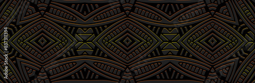 Banner, cover design. Relief geometric vintage shiny 3D pattern on a black background. Ethnic ornaments, arabesques, handmade. Motifs, traditions of the East, Asia, India, Mexico, Aztec, Peru.