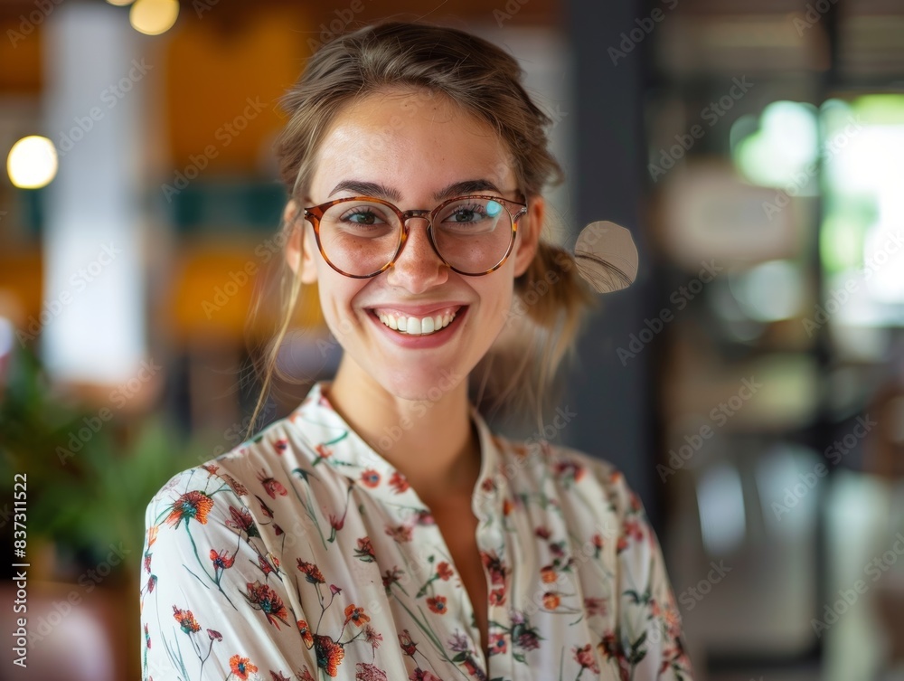 Smiling Woman in Glasses at Indoor Cafe. Generative AI. Smiling Woman in Glasses at Indoor Cafe. Generative AI.