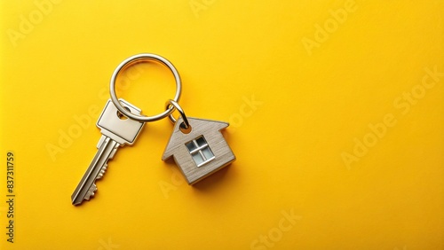 Real estate concept with key ring and keys on a bright yellow background