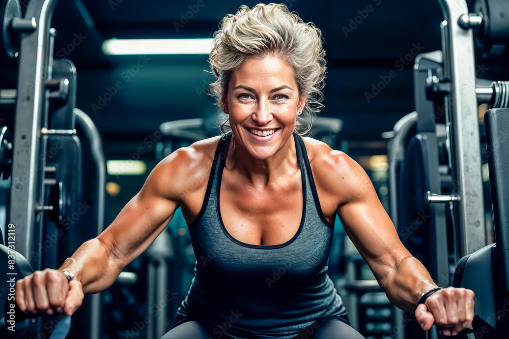 Obraz premium Active happy elderly woman doing sports in the gym