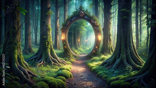 Dark mysterious forest with a magical mirror portal to another world #837312127