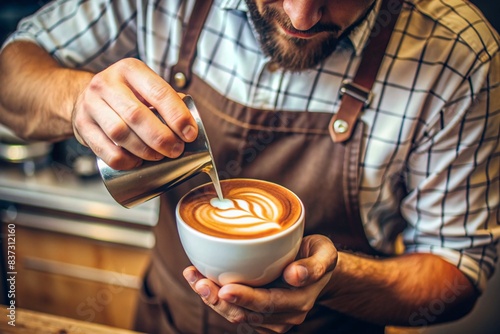 A barista is pouring milk into a white coffee cup