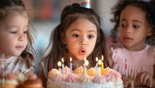 A girl blowing out the candles on her birthday cake with her friends. Childhood, friends, and birthday parties.