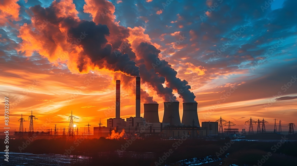 Winter sunset, silhouetted power plant with smoke from burned coal pipes visible Winter sunset, silhouetted power plant with smoke from burned coal pipes visible