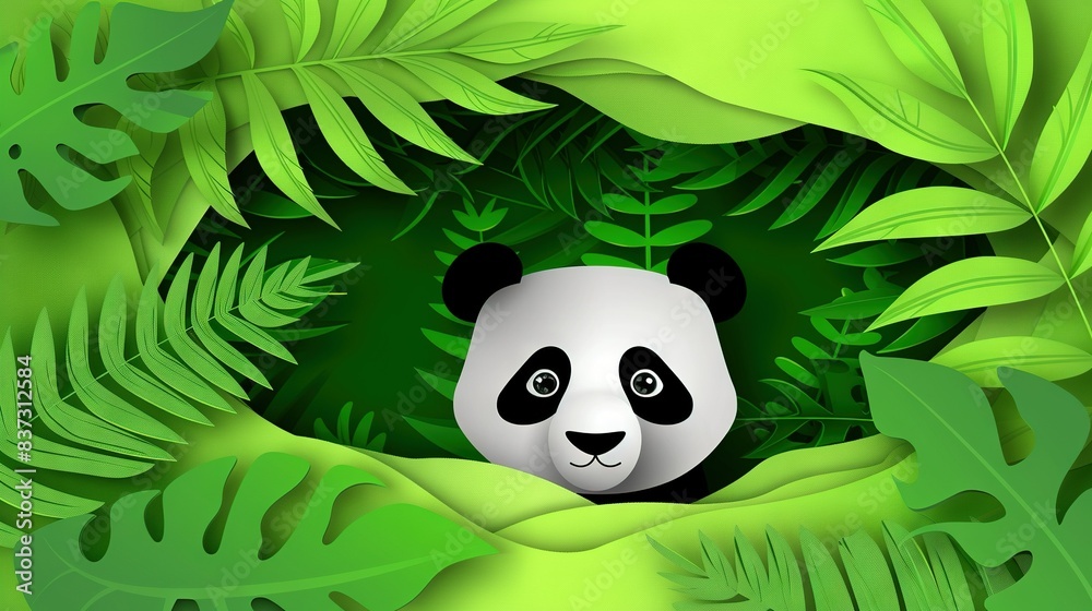   A panda bear peeks out from lush green leaves with its panda face in the center