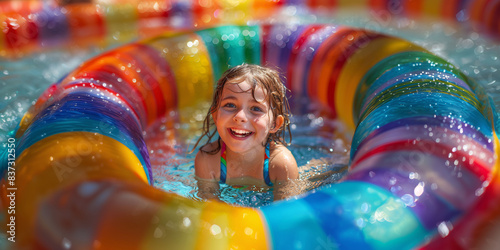 A girl enjoying the pool with floaties and water toys. Concept of summer, childhood, and summer activities. #837312550