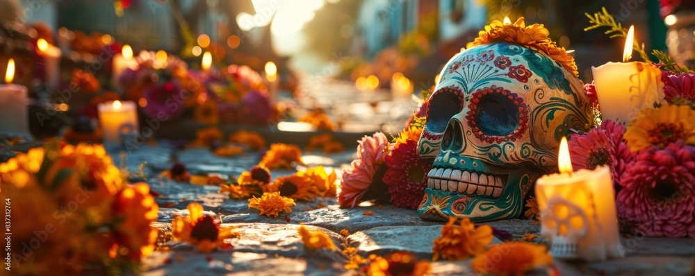 Fototapeta premium Vibrant skull adorned with flowers, encircled by candles on a De Los Muertos altar, honoring ancestors' memory. 