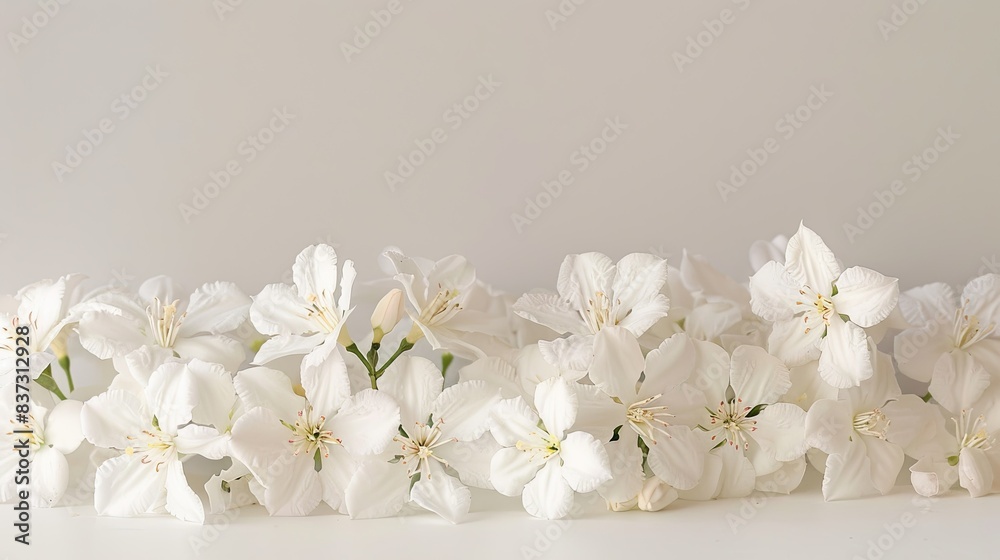 panoramic shot of jasmine flowers on white surface panoramic shot of jasmine flowers on white surface