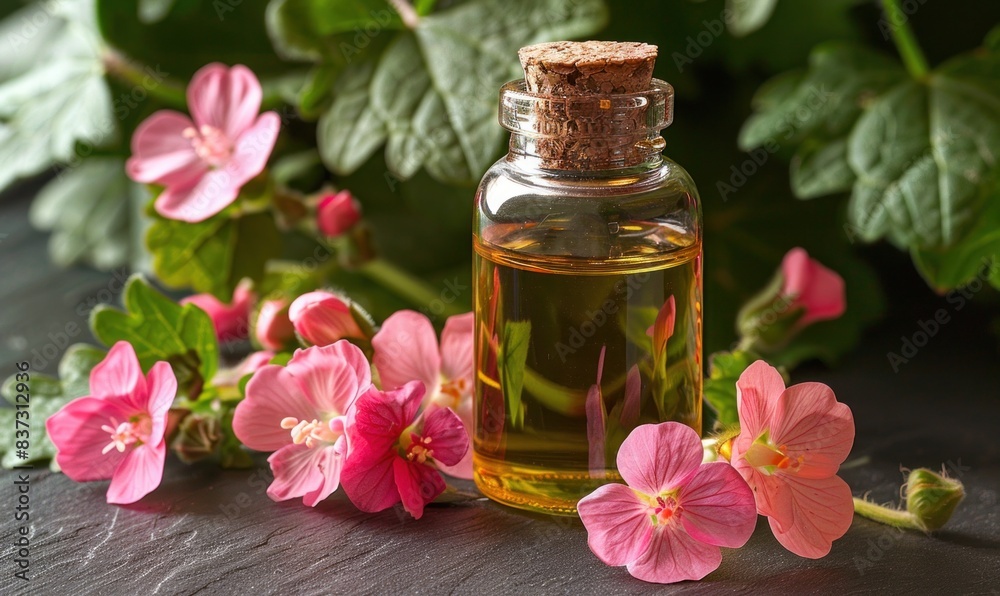 geranium aromatic oil in a glass bottle surrounded by pelargonium leaves and flowers as a concept for using natural air healing methods aromatherapy geranium aromatic oil in a glass bottle surrounded by pelargonium leaves and flowers as a concept for using natural air healing methods aromatherapy