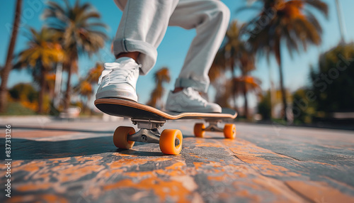 A skateboarder is skating down a street with palm trees on either side.