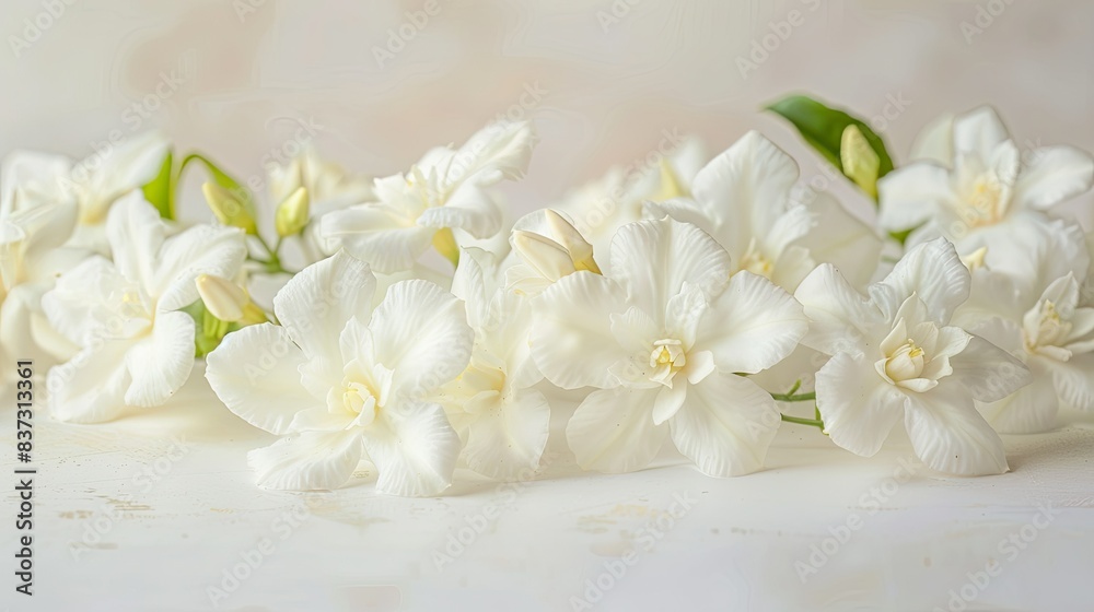 panoramic shot of jasmine flowers on white surface panoramic shot of jasmine flowers on white surface