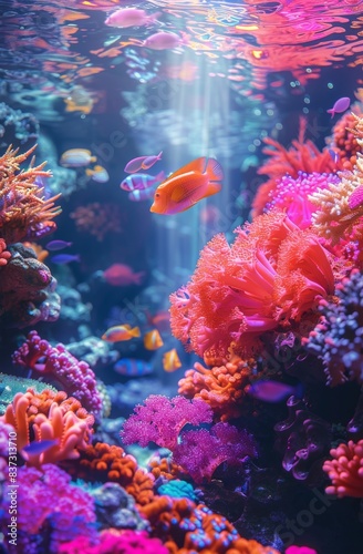 Colorful Fish Swimming Through Lush Coral Reef Under Sunlight