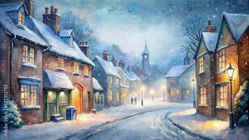 Winter scene in a snow covered old-fashioned English town street with snow covered road and old shops with lights in the windows, watercolor photo