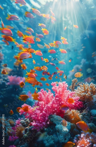 Colorful Fish Swimming Through Lush Coral Reef Under Sunlight © olegganko