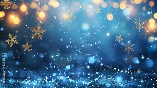 Blue and gold Christmas background with snowflakes