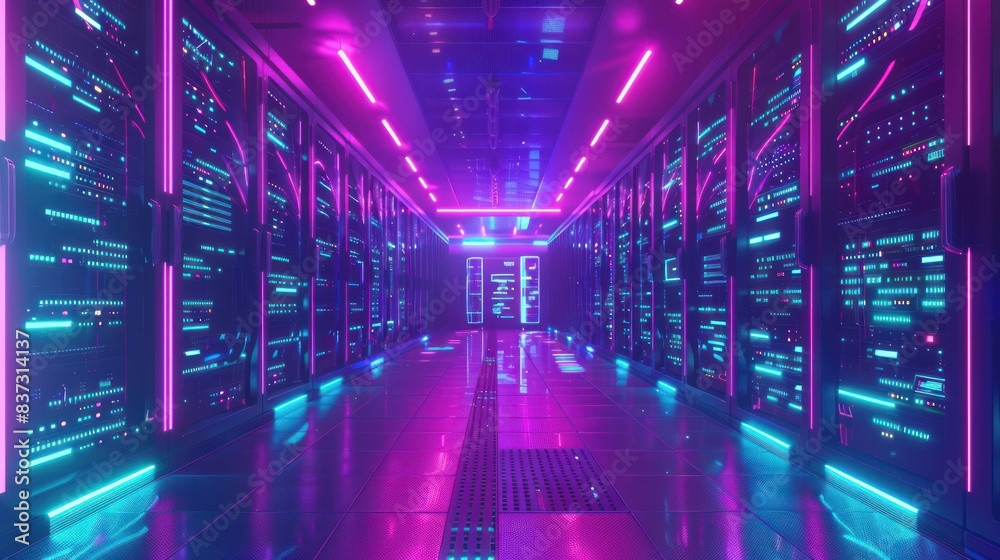 3D illustration of a server room in a data center with telecommunication equipment, representing big data storage.
3D illustration of a server room in a data center with telecommunication equipment, representing big data storage.