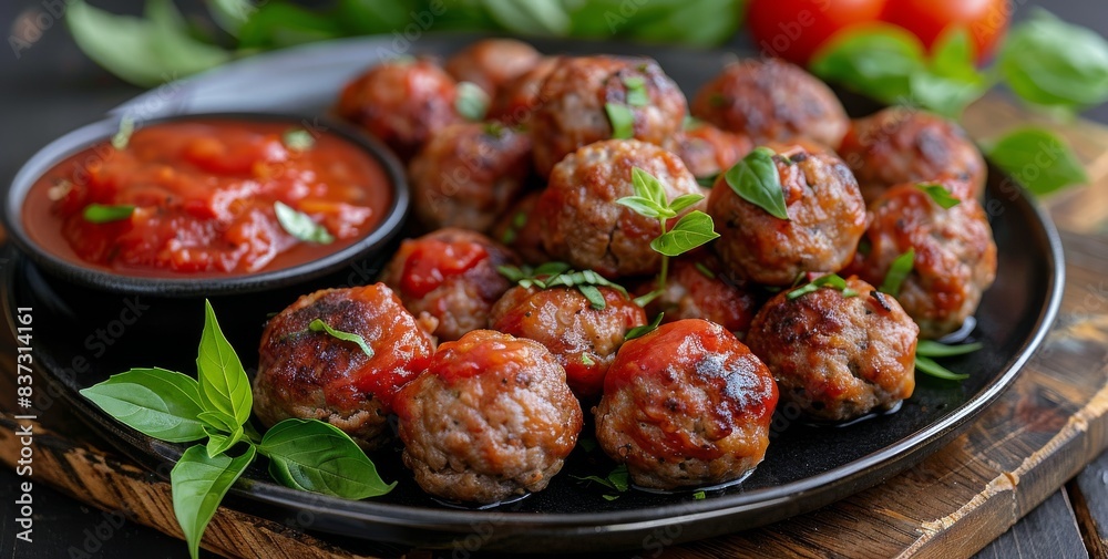 Close Up of Delicious Meatballs With Tomato Sauce and Basil Garnish Close Up of Delicious Meatballs With Tomato Sauce and Basil Garnish