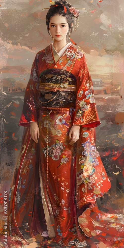 Naklejka premium A beautiful Japanese woman in a red kimono standing in a field of red flowers.