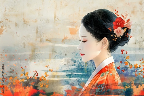 An illustration of a beautiful Asian woman in traditional Korean dress, with a red and orange background. photo