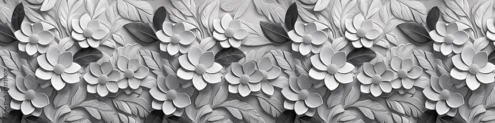 A black and white floral patterned background with white flowers