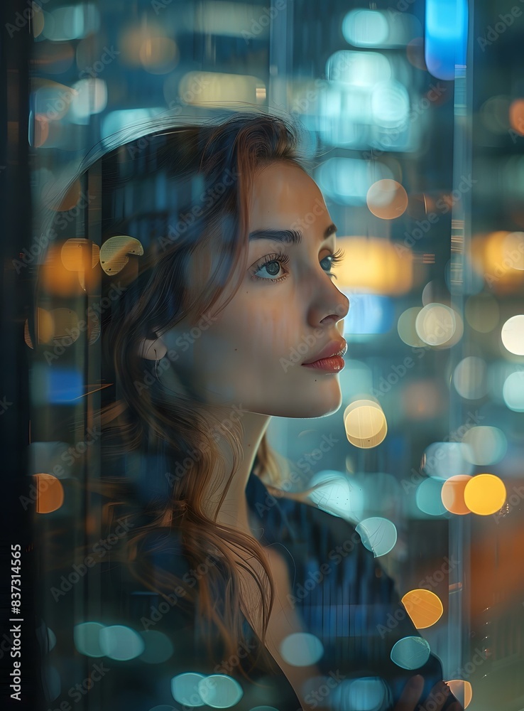 portrait of a young woman looking through a window at night