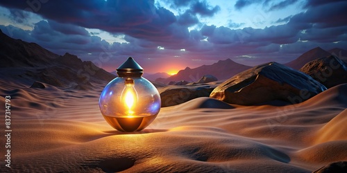 Perfume bottle in a desert landscape emitting a soft glow photo