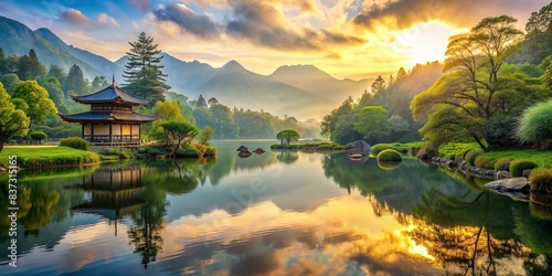 A peaceful and serene landscape with a focus on mental health and mindfulness photo