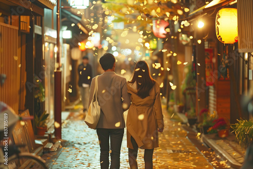 Tanabata holiday, Japanese culture concept. Cinematic shot of lovely asian couple going home after celebration
