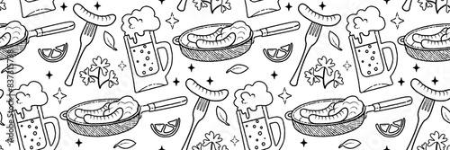 Frying pan with sausages and potatoes outline seamless pattern. Beer snacks, sausage on fork.