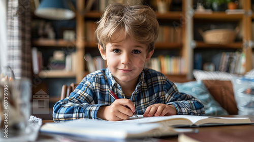 A cheerful left-handed boy joyfully engages in writing with his left hand on a paper notebook. His smiling face reflects the pleasure of the moment.