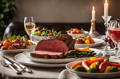 A gourmet plate containing a thick slice of perfectly roasted beef.