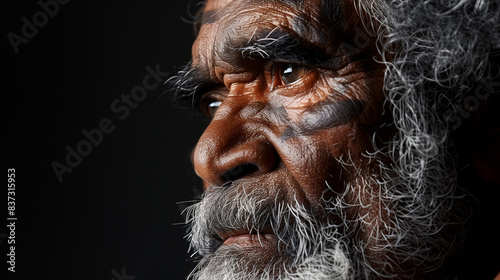 A close-up of an Indigenous Australian Aboriginal man, captured in a stock photo that emphasizes real-life and photo-realistic qualities.  © Karen