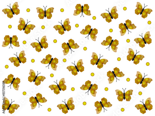 The background is white with yellow butterflies and yellow circles. White background with butterflies and circles