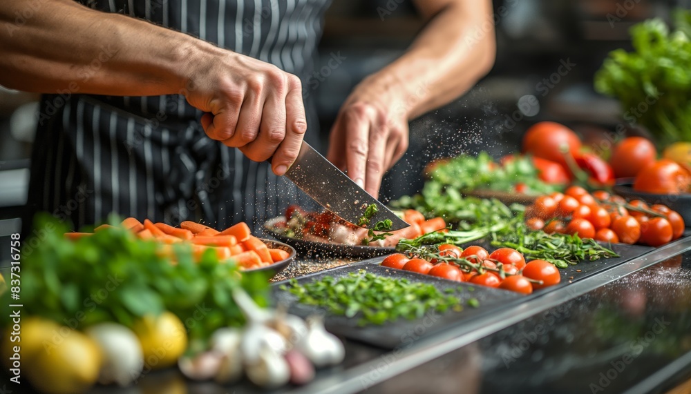 Chef preparing fresh vegetables for cooking Chef preparing fresh vegetables for cooking